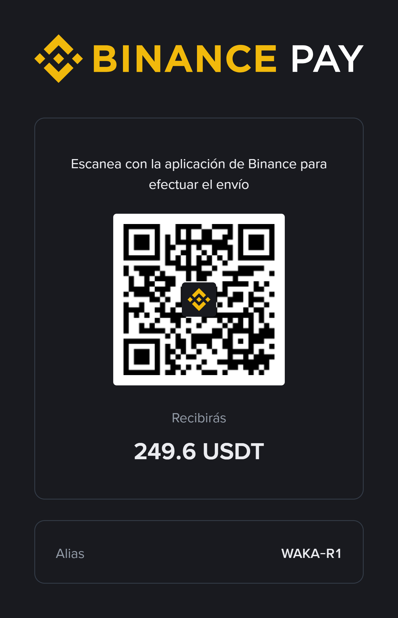 QR Binance Pay $249.60 USDT Anual